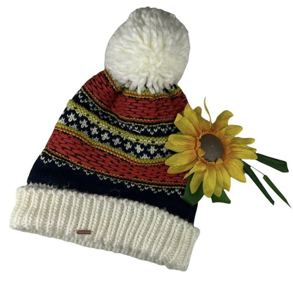 Free People Stocking Cap Hat Knit Soft Pom Pom Navy Blue & Orange
